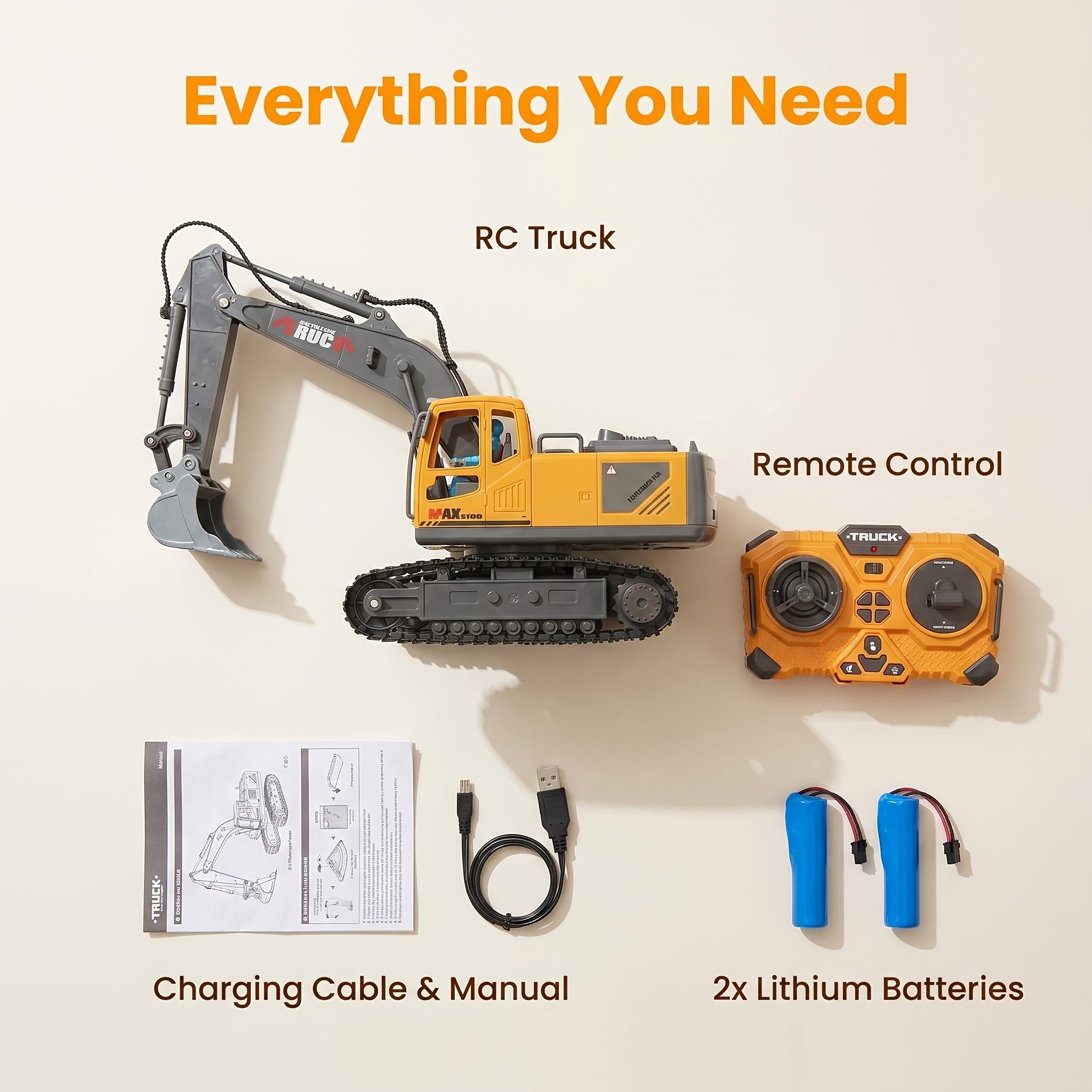 1:20 Scale 2. 4G 11CH RC Excavator, Dump Truck, Bulldozer & Loader 680° Rotation & Working Arm, Forward Backward Turning, Alloy Construction Toy for Indoor Outdoor Play, Perfect Gift for Children