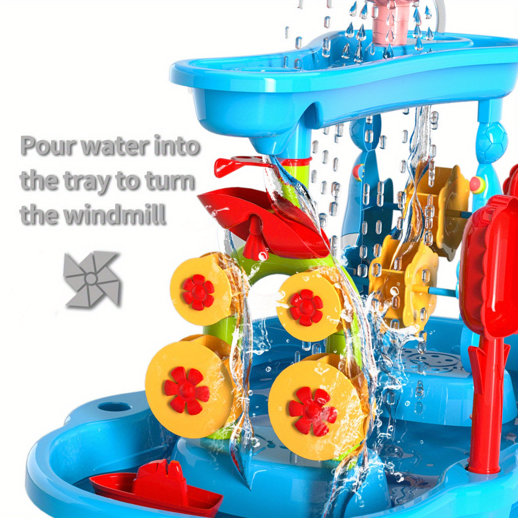 3-Tier Kids Sand Water Table with Shovel, Scoop & Strainer - Outdoor Blue Educational Sensory Play for Beach, Backyard, Summer Holidays
