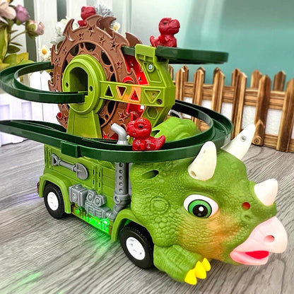 Dinosaur Track Car Set, Dinosaur Toy for Boys, Electric Learning Toy, Toddler Roller Coaster, Stair Slide Roller Coaster Toys for Toddlers, Triceratops Slide Toy, Interactive Light & Music Baby Toys