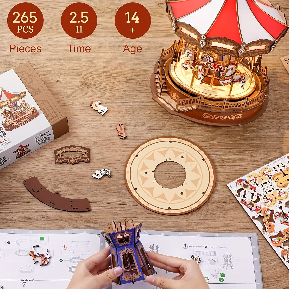 Rolife 3D Wooden Puzzle, Do-It-Yourself Carousel Music Box Model Kit, Architectural Craft Project, Hobby Home Decor Gift for Valentine'S Day