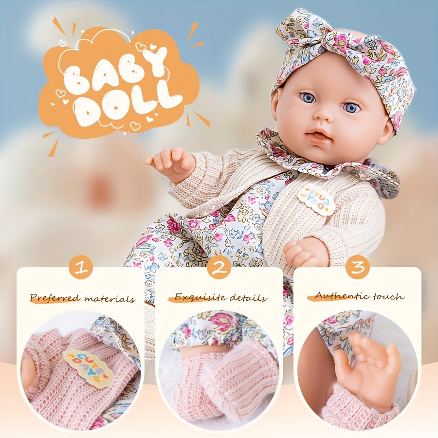 12 Inch Realistic Vinyl Doll Set, Including 1 Doll, 1 Set Of Floral Clothes, 1 Headscarf, 1 Pair Of Socks, 1 Toy Rabbit, And 1 Rabbit Skirt, Children's Toys, Suitable for Dress Up Games, Birthday Gifts, Game Gifts, Holiday Gifts, Realistic Reborn