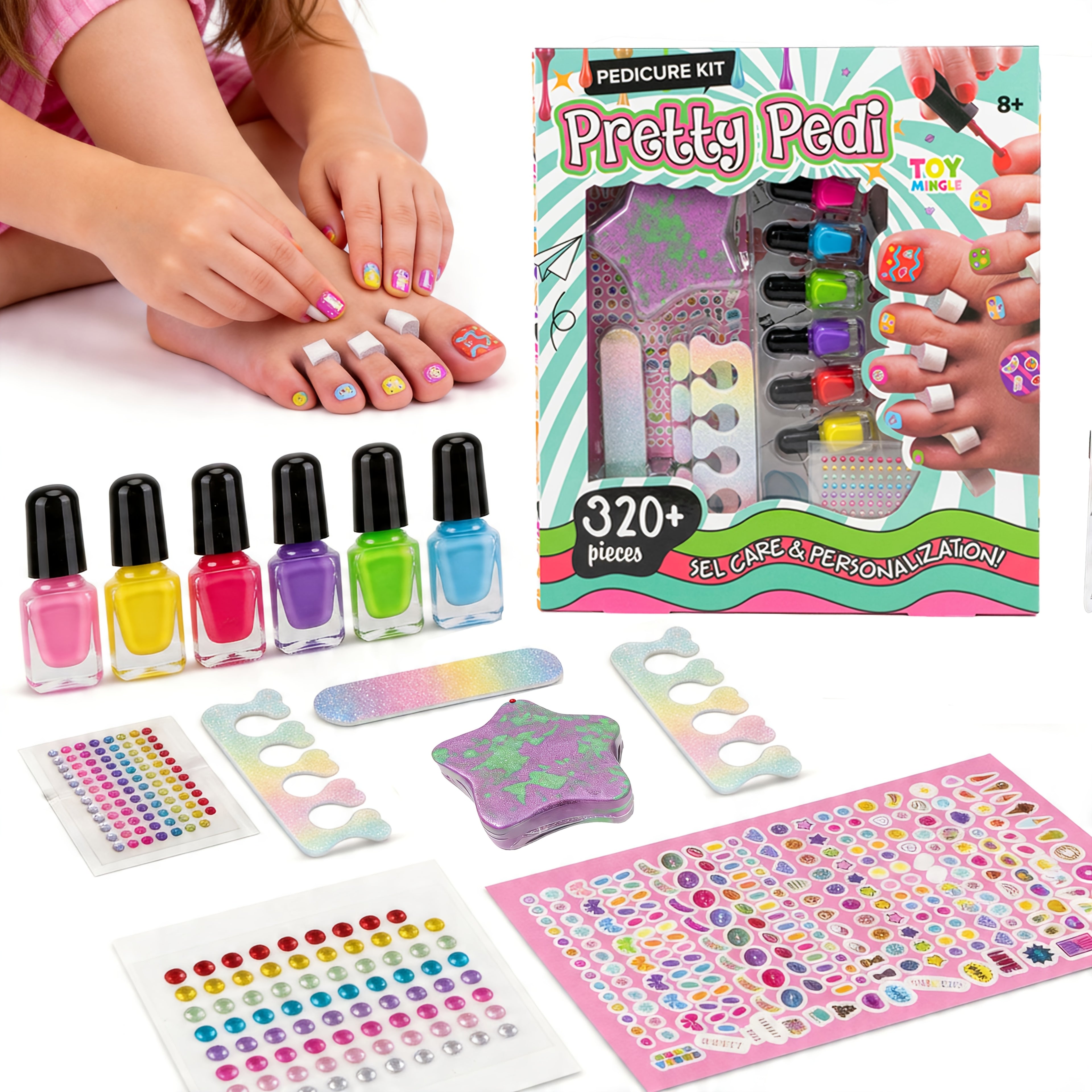 Pedicure Play Set for 8+, 320+ Pieces, Colorful Polishes And Stickers, Perfect for Pretend Spa Parties And Self Care Games!