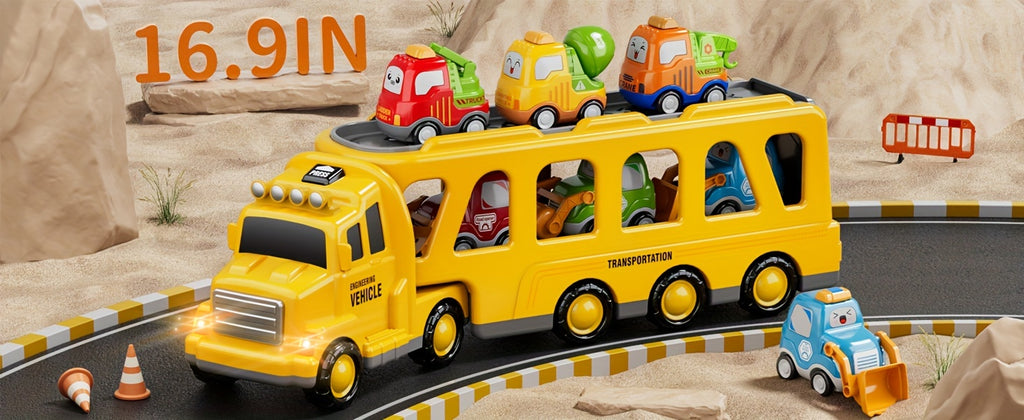 [Birthday Gift] Trucks Toys for Boys Kids, 16.9in Longer Transport Construction Truck with 6 Cars, Car Truck Toys with Lights & Sounds, Birthday Gift for Boys And Girls