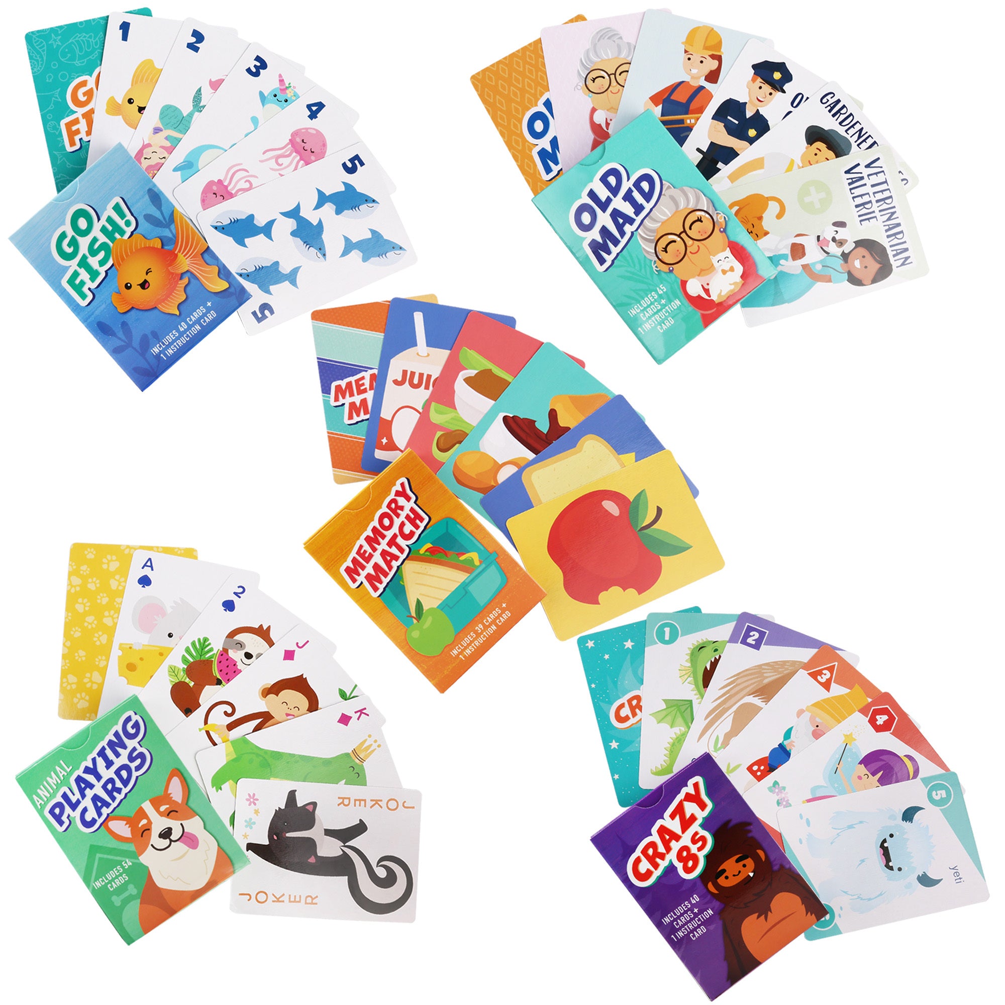 2/3/4 Decks Card Games for Kids, Go Fish, Old Maid, Memory Match, Crazy Eights, Animal Playing Cards, Card Game Playing Cards for Boys Girls Ages 4+, for Game Nights and Family Gatherings, Gifts for Birthday Christmas