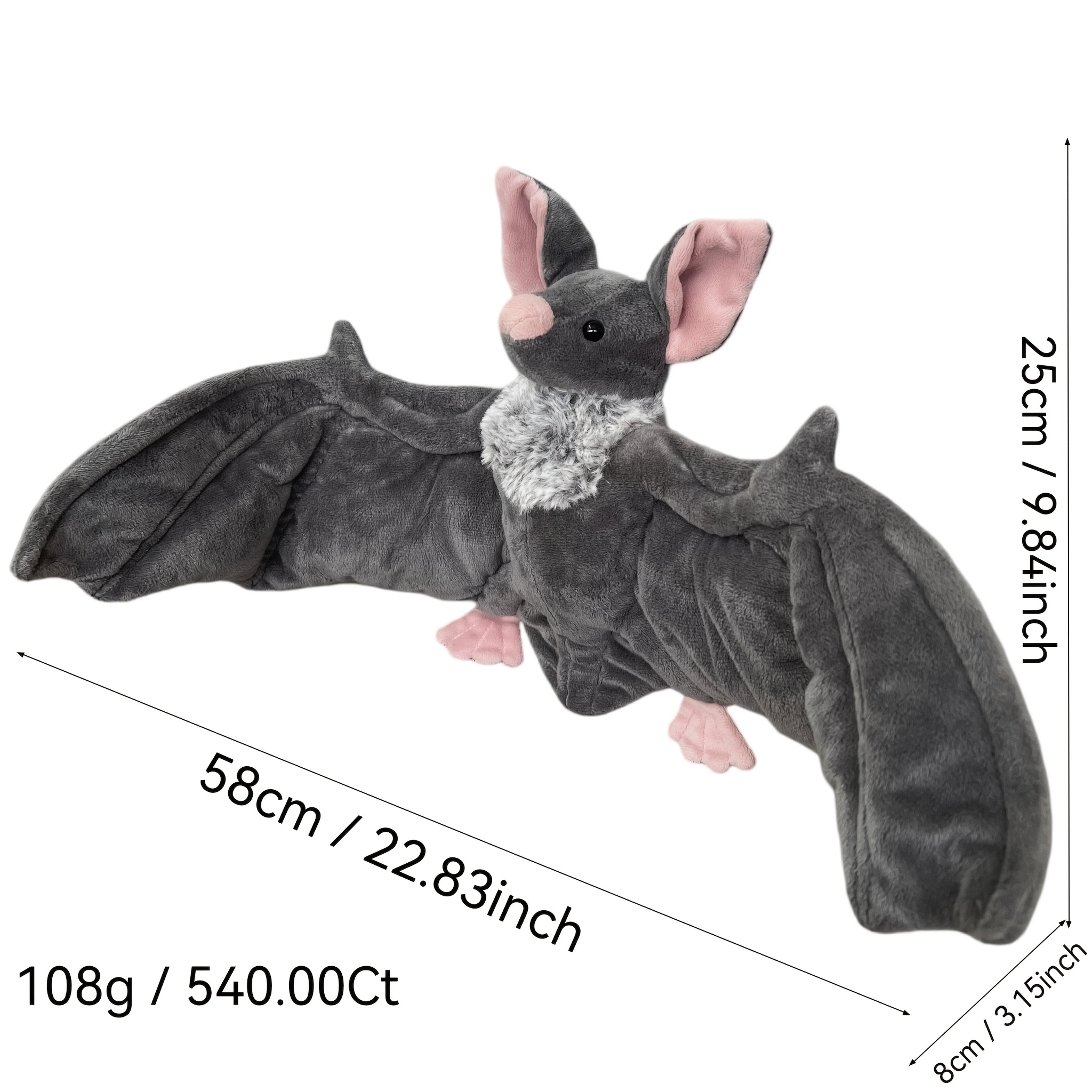 Adorable Grey Bat Plush - 23" Wingspan Soft Stuffed Animal, Halloween Party Decor for Home Bedroom Car, Cute Spooky Gift for Animal Lovers