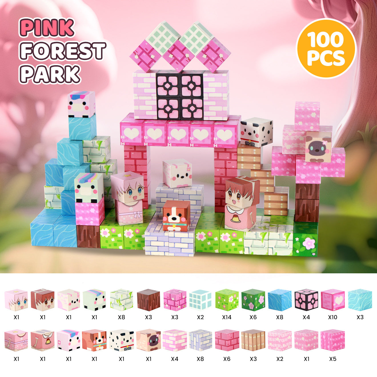 100pcs STEM Magnetic Building Blocks | Pink Forest Park Theme | 3D House, Trees & Character Cubes | Creative Construction Toy For Imaginative Play | Educational Gift For Kids | Birthday & Christmas Present