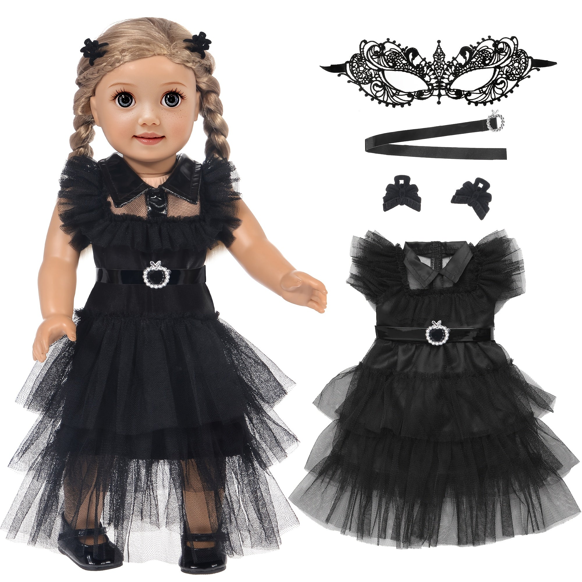 18 Inch Doll Clothes (No Doll)- Inspired Party Movie Halloween Costume Black Tulle Cake Dress, with Black Bow Hair Clip. Festival Gift for Kids Aged 3+