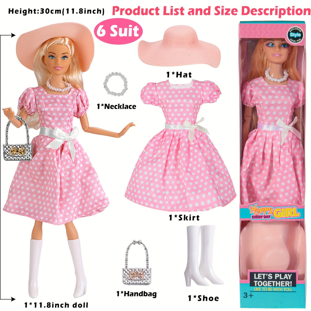 11.5 Inch American Toy Princess Dolls Playset Featuring 6 Pack Fashion with Outfits, Additions Including Handbag, Hat, Crown, Necklace, And Suitcase (Gift Box Included)