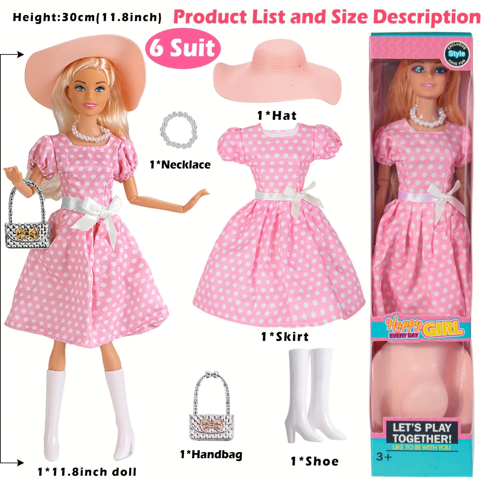 11.5 Inch American Toy Princess Dolls Playset Featuring 6 Pack Fashion with Outfits, Additions Including Handbag, Hat, Crown, Necklace, And Suitcase (Gift Box Included)