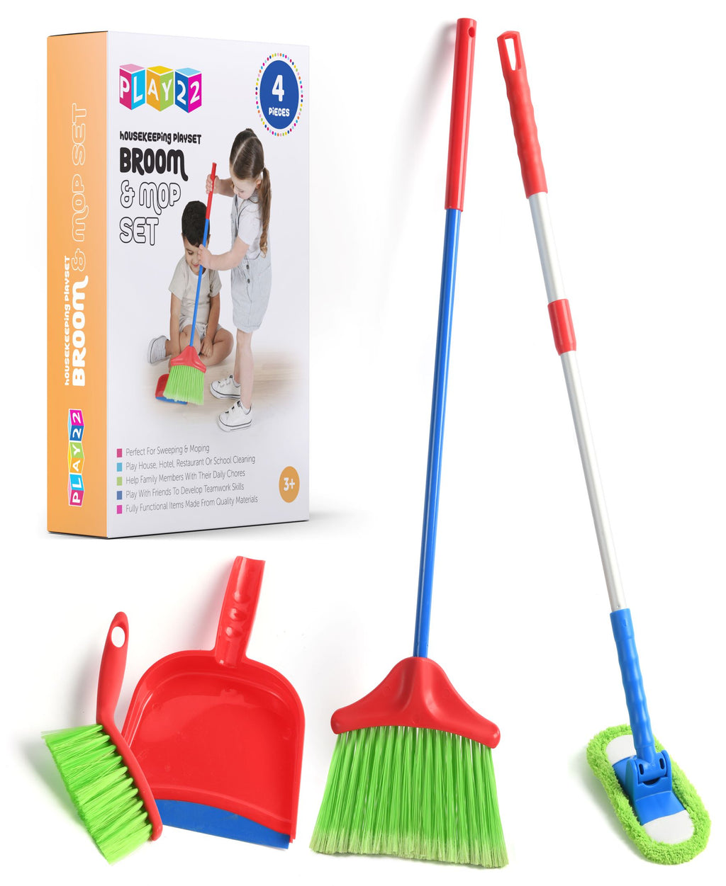 Play22 Kids Cleaning Set 4 Piece - Toy Cleaning Set includes Broom, Mop, Brush, Dust Pan - Toy KitchenCleaning Set