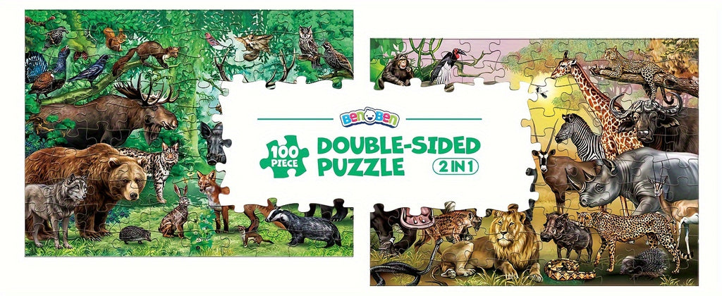 Double Sided Jigsaw Puzzles 100pcs for Kids 3-8, Jungle Animal Puzzle Toys for Boys Girls Kids Christmas Gifts Birthday Gift, Thanksgiving Day Present