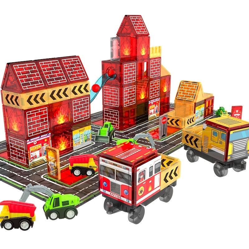 Children's Magnetic Tile Toys, Featuring A Fire Truck And Fire Station, Buildings, Roads, Cranes And Car Toys., Educational Toys, Transportation Toys, Young Builders