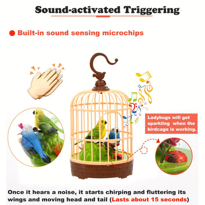 Mini Voice-Activated Birds Birdcage Toys, Chirping And Wings Fluttering Parrot Animals Toy Gifts for Kids Children