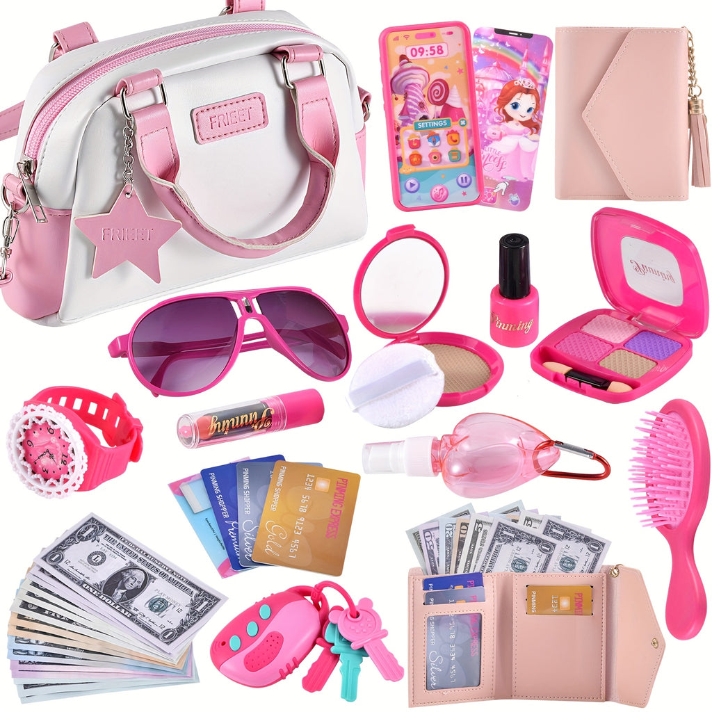 Pink Princess Play Purse, with Handbags, Phone, Pretend Makeup Play Purse, Lipstick & Keys, Crossbody Bag, (No Color Can Be Spread) Christmas Birthday Gifts for 3+Year Old Girls