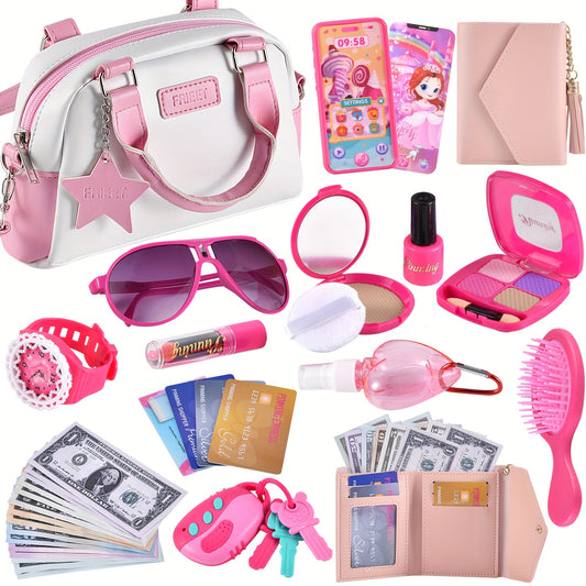Pink Princess Play Purse, with Handbags, Phone, Pretend Makeup Play Purse, Lipstick & Keys, Crossbody Bag, (No Color Can Be Spread) Christmas Birthday Gifts for 3+Year Old Girls