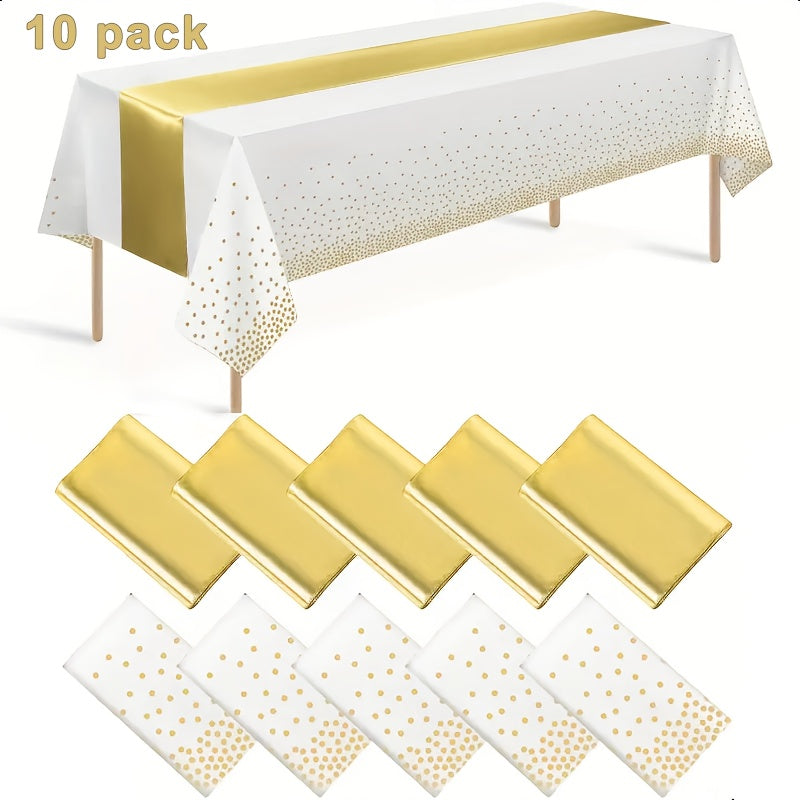 10 Pack White And Golden Tablecloth And Table Runner Set Party Decorations, White And Yellow Golden Plastic Disposable Tablecloth And Table Runner for Wedding Birthday Graduation Anniversary Party