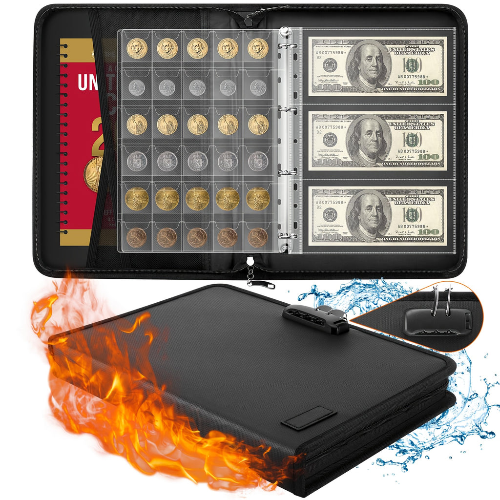 Coin Collection Book with Lock, Fireproof Holders for Collectors, 300 Pockets Coin Collection Supplies And 72 Sleeves Currency Storage Case, Coin Organizer Collecting Album for Bill, Pennies, Stamps
