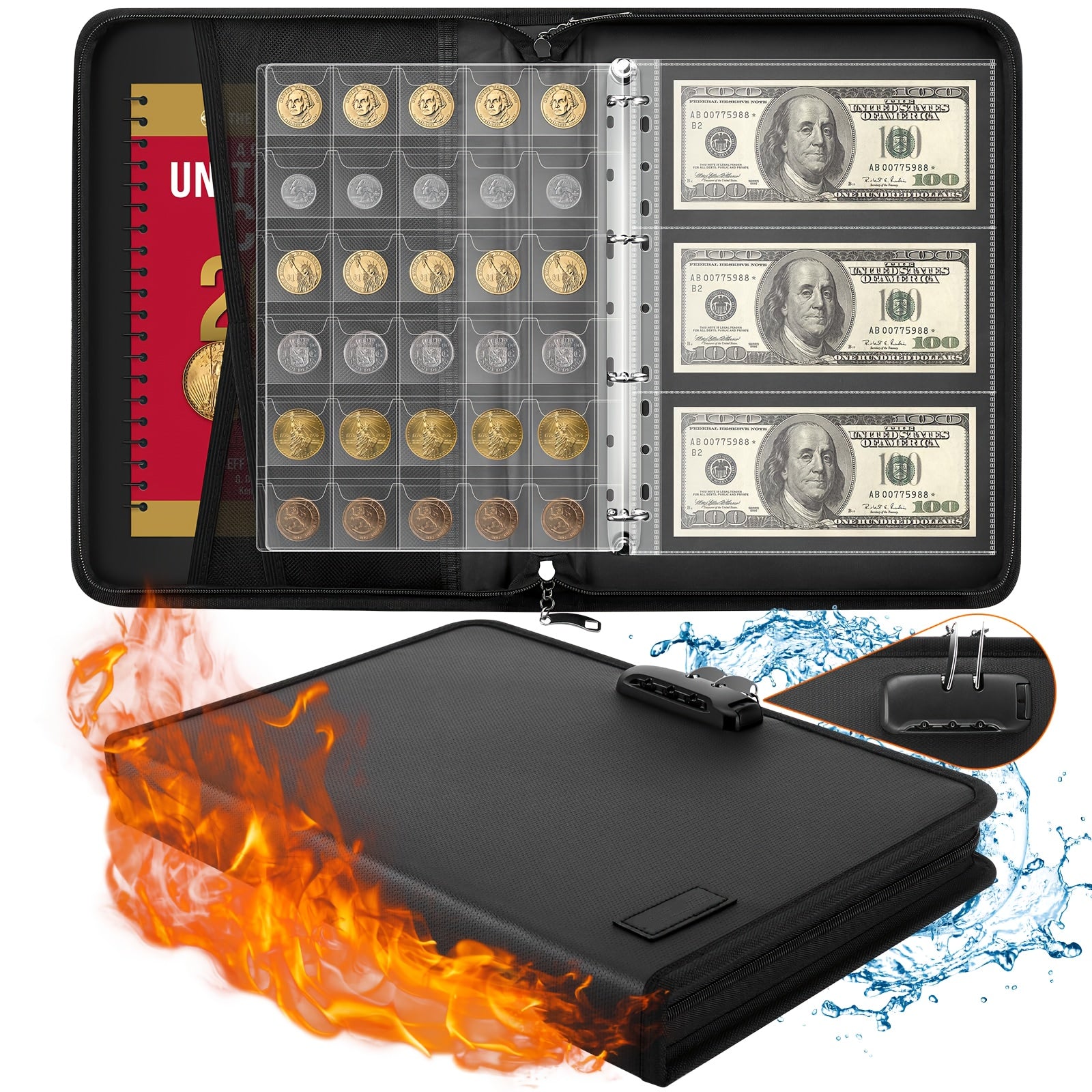 Coin Collection Book with Lock, Fireproof Holders for Collectors, 300 Pockets Coin Collection Supplies And 72 Sleeves Currency Storage Case, Coin Organizer Collecting Album for Bill, Pennies, Stamps