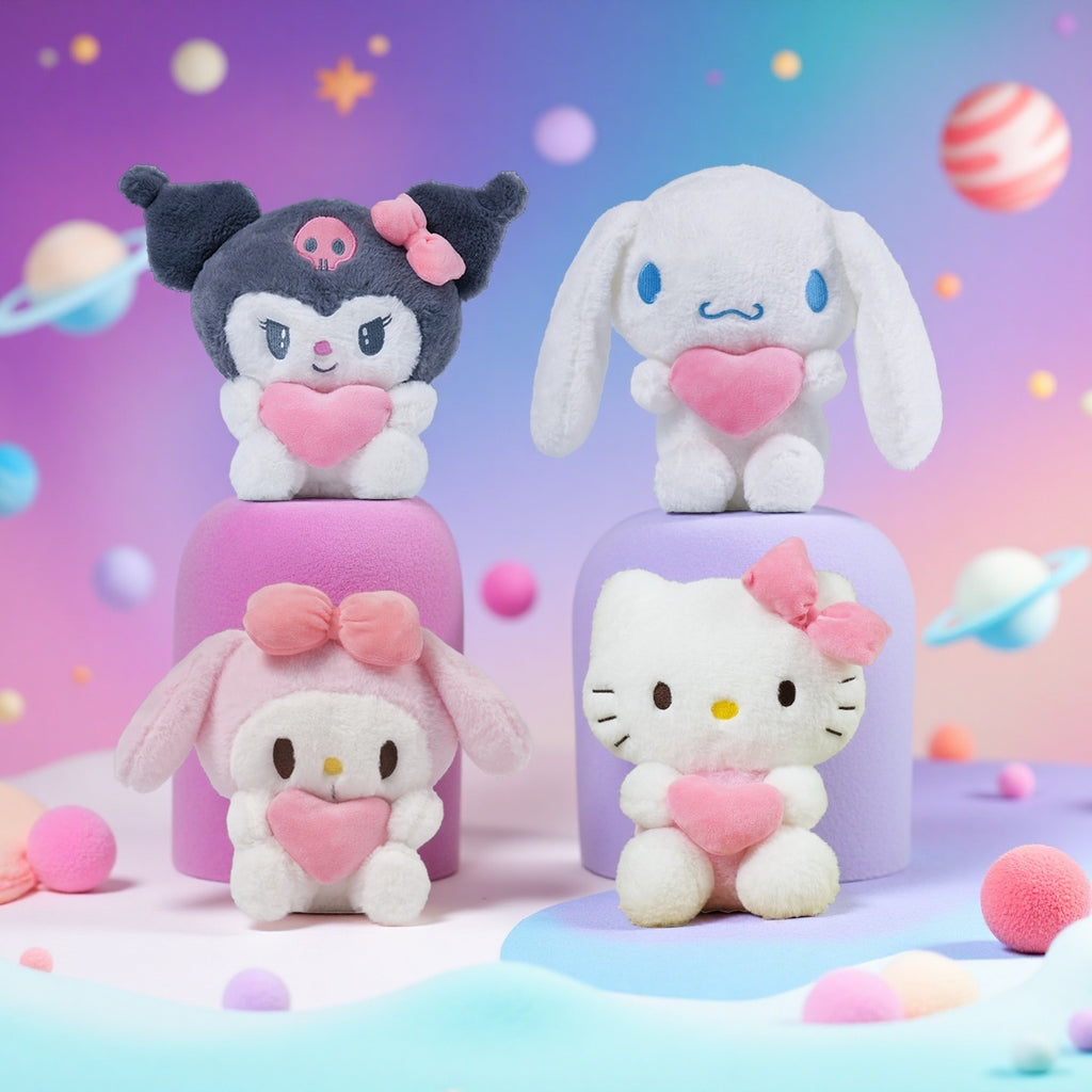 (Licensed) Sanrio 5pcs Set: Adorable Hello Kitty, Kuromi, Melody, and Gudetama Plushies Holding Hearts Perfect for Birthday Gifts, Holiday Surprises, Christmas, Thanksgiving, and Atmospheric Decora