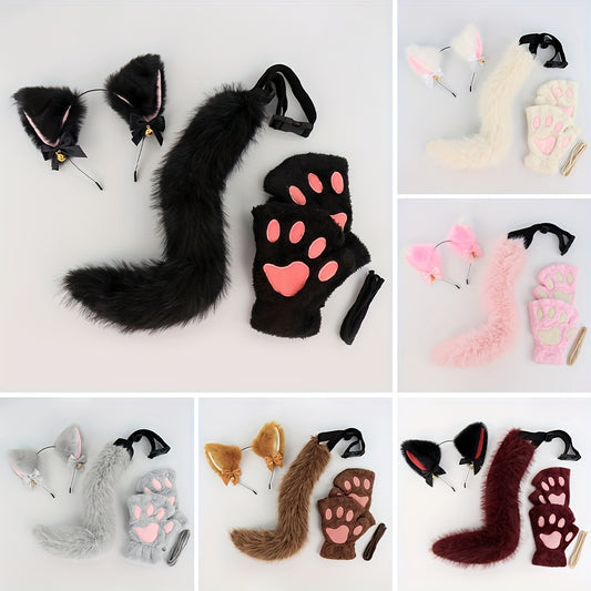 Adorable Three-Piece Cat Costume Set Featuring a Bell Ear Headband, Plush Paw Gloves, And an Adjustable Tail, Ideal for Role-Playing And Stage Performances, Making It a Fantastic Halloween Gift for Friends