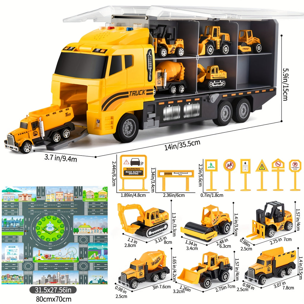 [Christmas Birthday Gift] HOME 13-in-1 Construction Truck Vehicle Toy Set with Die-Cast Cars & Play-Mat, Transport Carrier Truck Toy Set for Aged 3+, Christmas Birthday Gift [Random Color Of Accessories