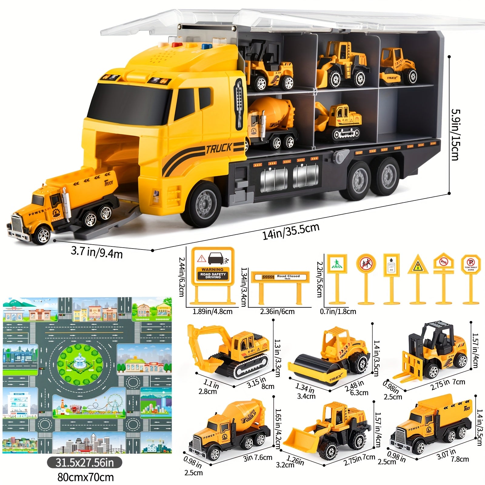 [Christmas Birthday Gift] HOME 13-in-1 Construction Truck Vehicle Toy Set with Die-Cast Cars & Play-Mat, Transport Carrier Truck Toy Set for Aged 3+, Christmas Birthday Gift [Random Color Of Accessories