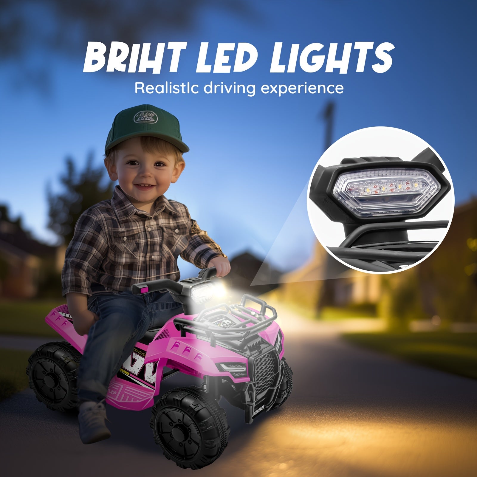 1pc 6V Kids Ride on Toy, 4-Wheeler Quad ATV with 1.2MPH Max Speed, Treaded Tires, Rubber Handles, Push-Button Go, Electric Ride on Toys Best Gifts for 18-36 Months Boys Girls