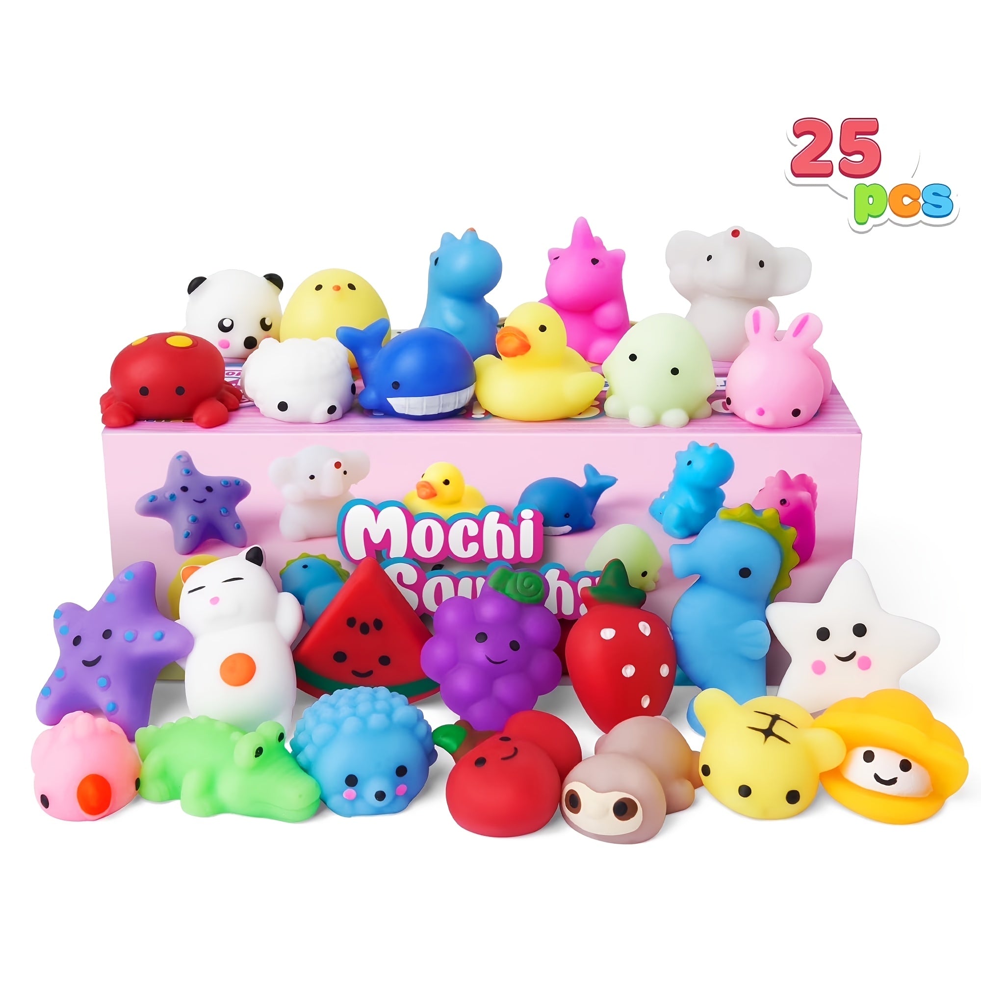 SYNCFUN 25pcs Mini Animals Fruit Mochi Squishies Toys Set Can Be Placed In Easter Eggs, Party Favors for Kids, Basket Stuffers Fillers for Party, Graduation Classroom Prize Supplies, July 4th, Halloween Party Favors Gifts