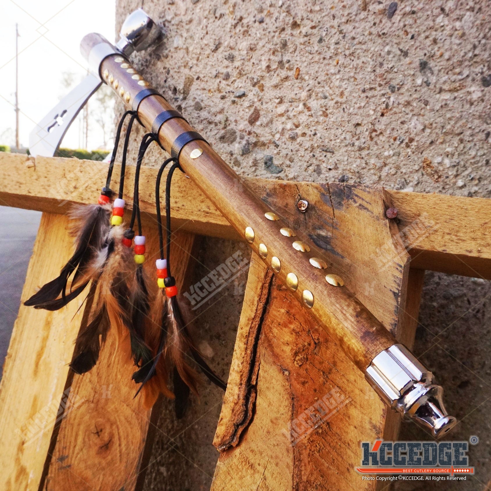 19" Native American Indian Hatchet Tomahawk w/ Non-Functional Peace Pipe Southwestern Style Replica Axe Display with Stainless Steel Bowl & Wooden Handle - Wrapped Shaft with Feather & Brass Accents - Decorative Hatchet Collectible for Western Decor & Cul