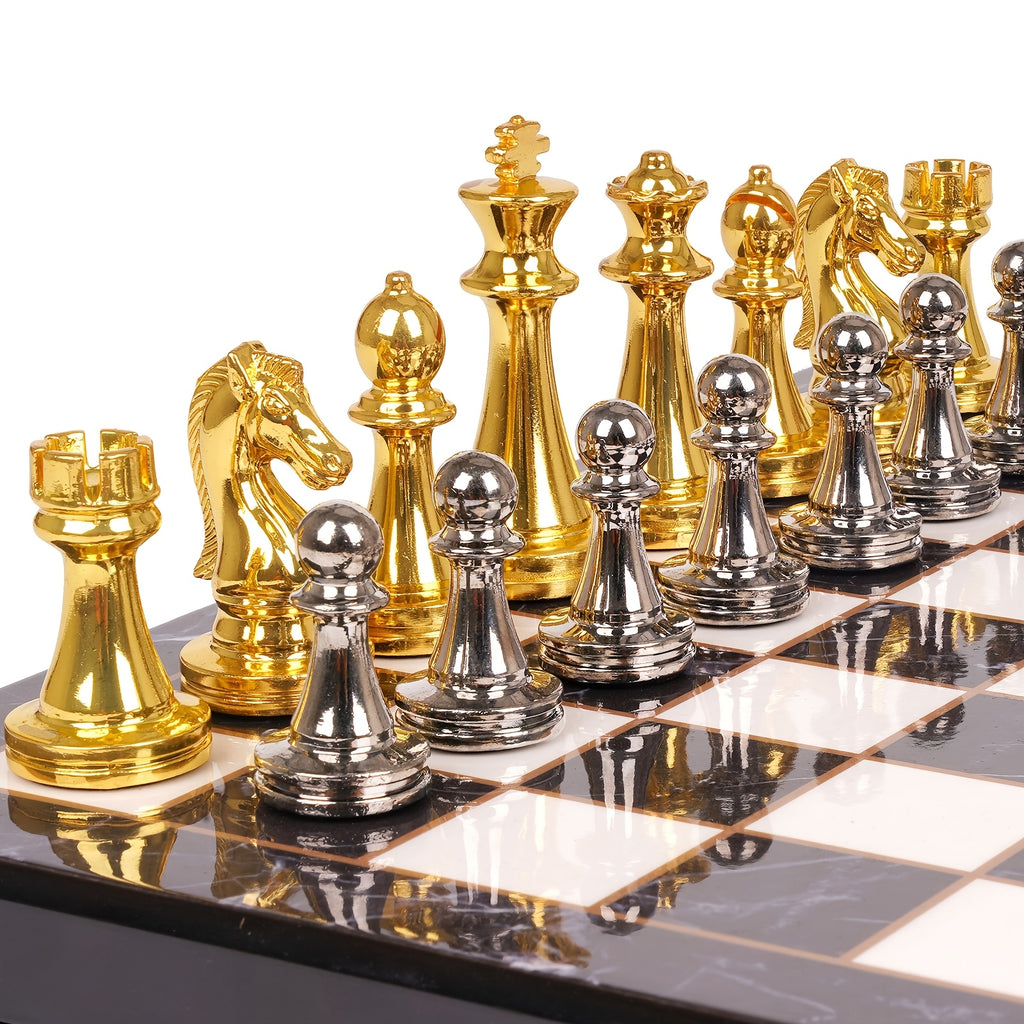 Luxury Marbling Chess Set with Marble Board & Zinc Alloy Metal Pieces - Elegant Marbled Design with Golden & Pattern, Extra Queens Included - Durable Travel-Friendly Chessboard for Adults, Beginners & Professionals - Ideal Gift for Chess Lovers