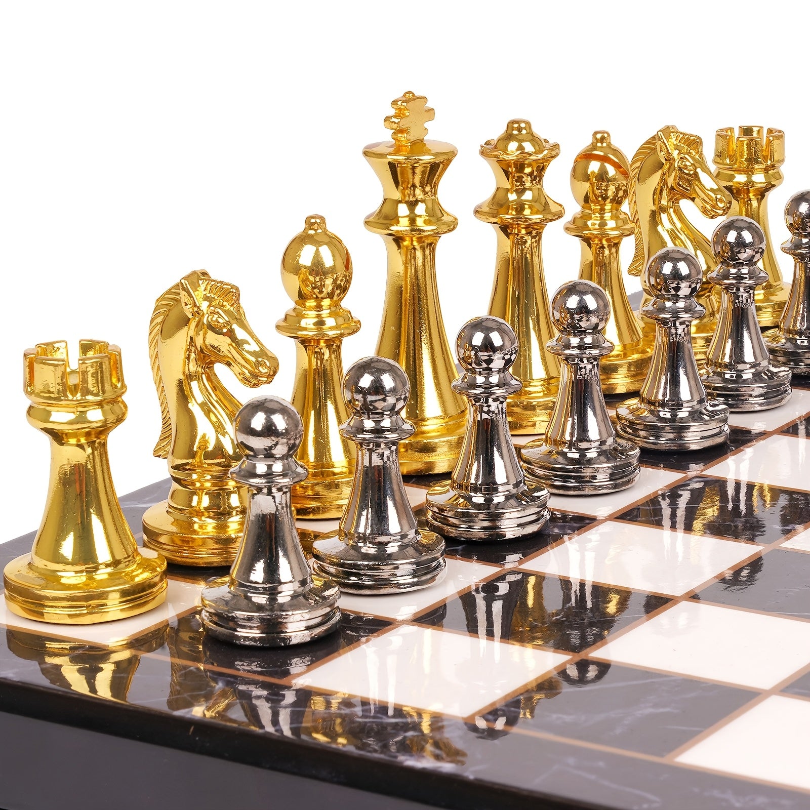 Luxury Marbling Chess Set with Marble Board & Zinc Alloy Metal Pieces - Elegant Marbled Design with Golden & Pattern, Extra Queens Included - Durable Travel-Friendly Chessboard for Adults, Beginners & Professionals - Ideal Gift for Chess Lovers