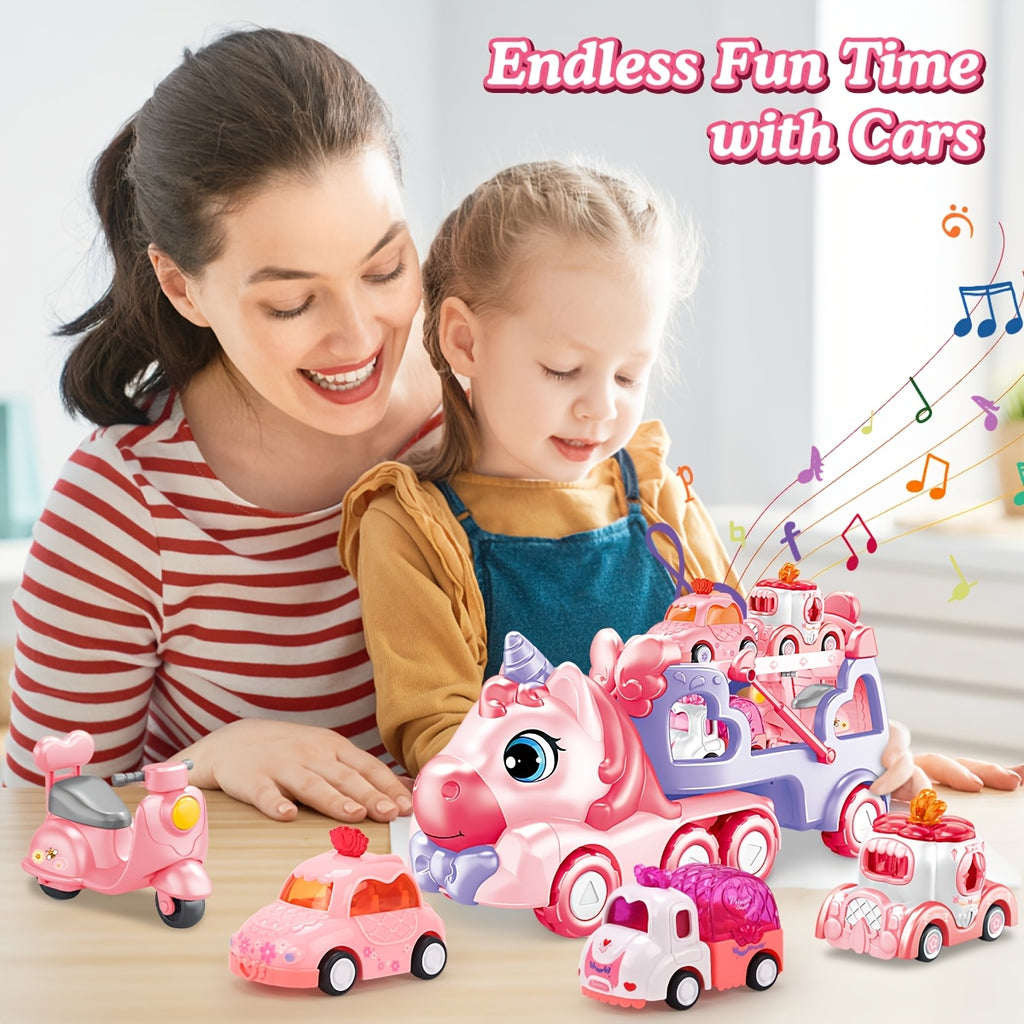 [Perfect Holiday Gift] Kids Carrier Truck Toys With 4 Mini Cars | Pink, Music Light, Battery Powered, Pull-Back Operation, Non-Rechargeable AA Batteries, Ideal For Boys And Girls, Perfect Holiday Gift