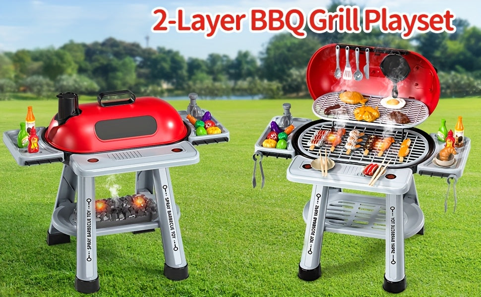 Imaginative BBQ Grill Playset for Kids, Two-Tier Structure, Includes Toy Food Items Like Meats, Fruits, Spices, And a Functional Water Tap, Suitable for Girls Aged 3 And Up