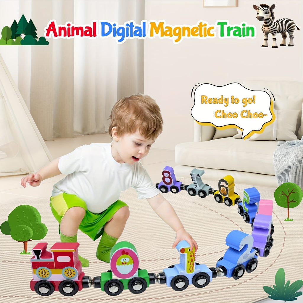 12 Magnetic Wooden Animal Digital Train Set | Suitable For Toddlers Aged 1-3 Years, Ideal Christmas, Birthday, Easter Gift For And, Includes Storage Bag