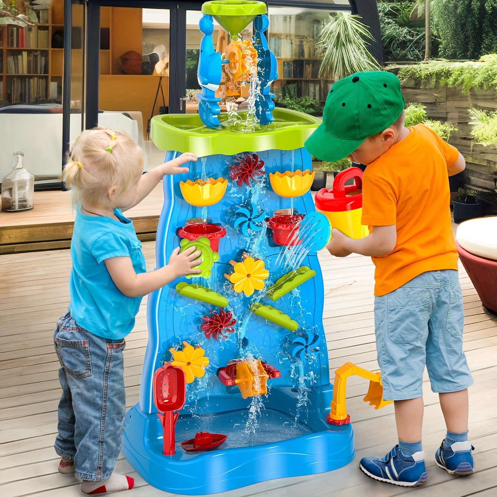 Babyhome Double-Sided Blue Waterfall Toys with Beach And Water Tools for Kids. Summer Holiday Activity Sensory Play Table for Outdoor Seaside, Birthday Christmas Easter Gift