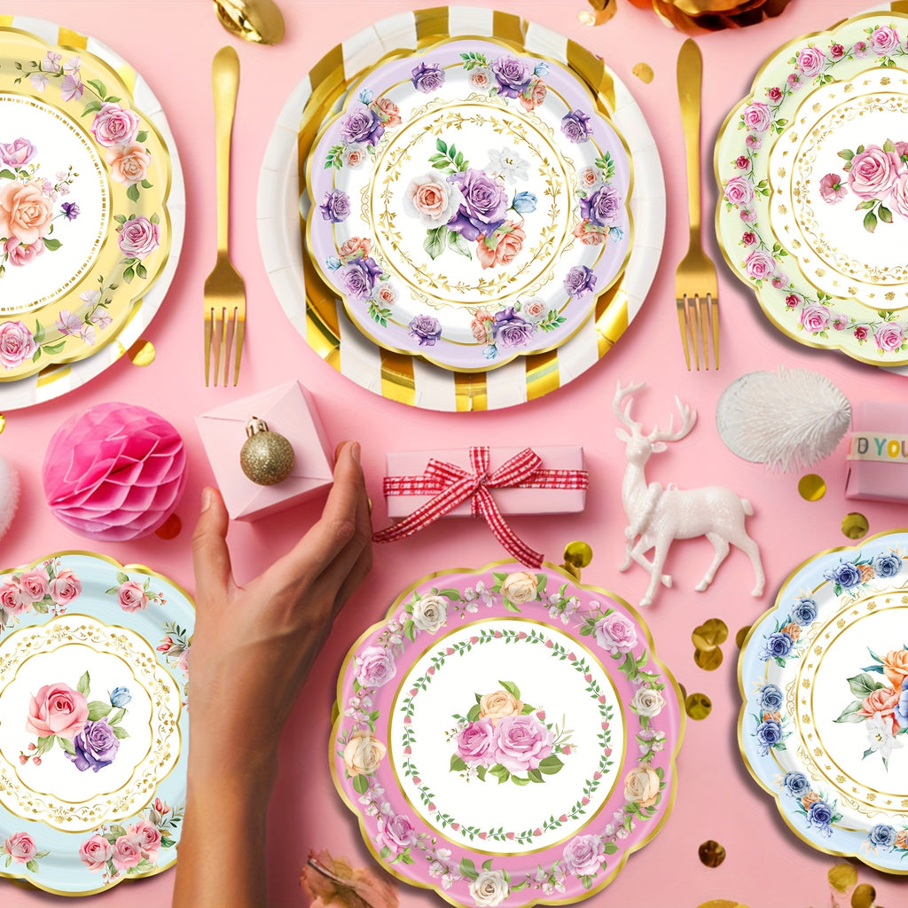 48pcs, Floral Paper Plates for Tea Parties And Birthday Celebrations, Disposable Plates for Engagement And Wedding Parties, Floral-Themed Disposable Tableware for Baptisms