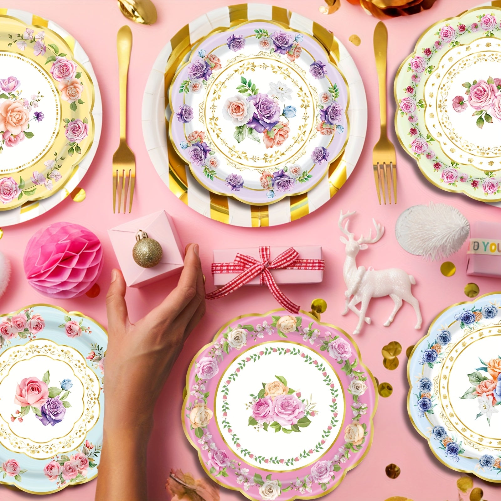 48pcs, Floral Paper Plates for Tea Parties And Birthday Celebrations, Disposable Plates for Engagement And Wedding Parties, Floral-Themed Disposable Tableware for Baptisms