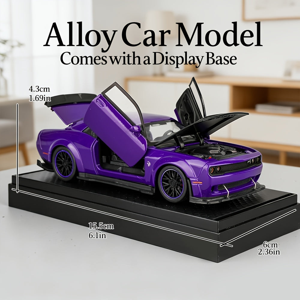 [Zinc Alloy Car Model] Purple Dodge Sports Car Zinc Alloy Car Model with Display Base - High Simulation Static Display Ornament with Openable Doors, Highly Restored Details, Ideal Home Desktop Decoration, Must-Have Collectible for Model Car Enthusiasts