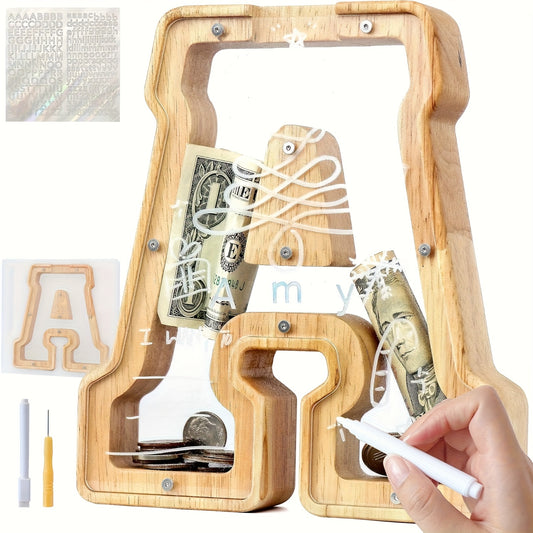[Ideal Gift] Piggy Bank Alphabet Wooden Money Banks Set For Adults - Letter Coin Banks - Indoor & Outdoor Home Decor - Craft, Art Writing Compatible - Ideal For Gift And Decorations - Suitable For Ages 14+