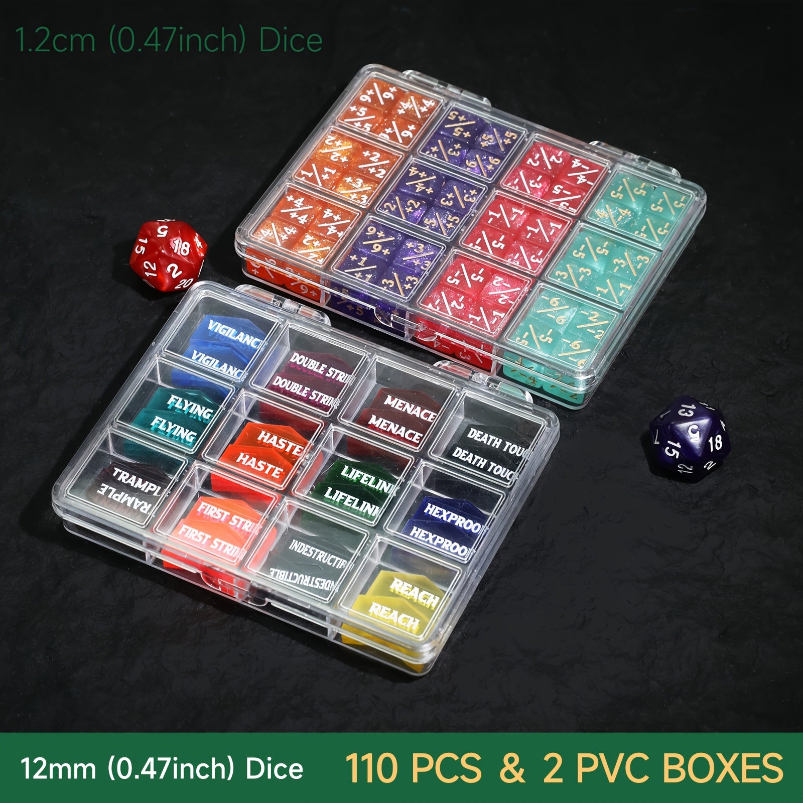 Counter Dice Set -110pcs 12mm/0.47inch 6 Sided +1/-1 Tokens Dice D20 Dices Set & M Keyword Counters Tokens for This Great Magic, TCG, Card Games Accessories