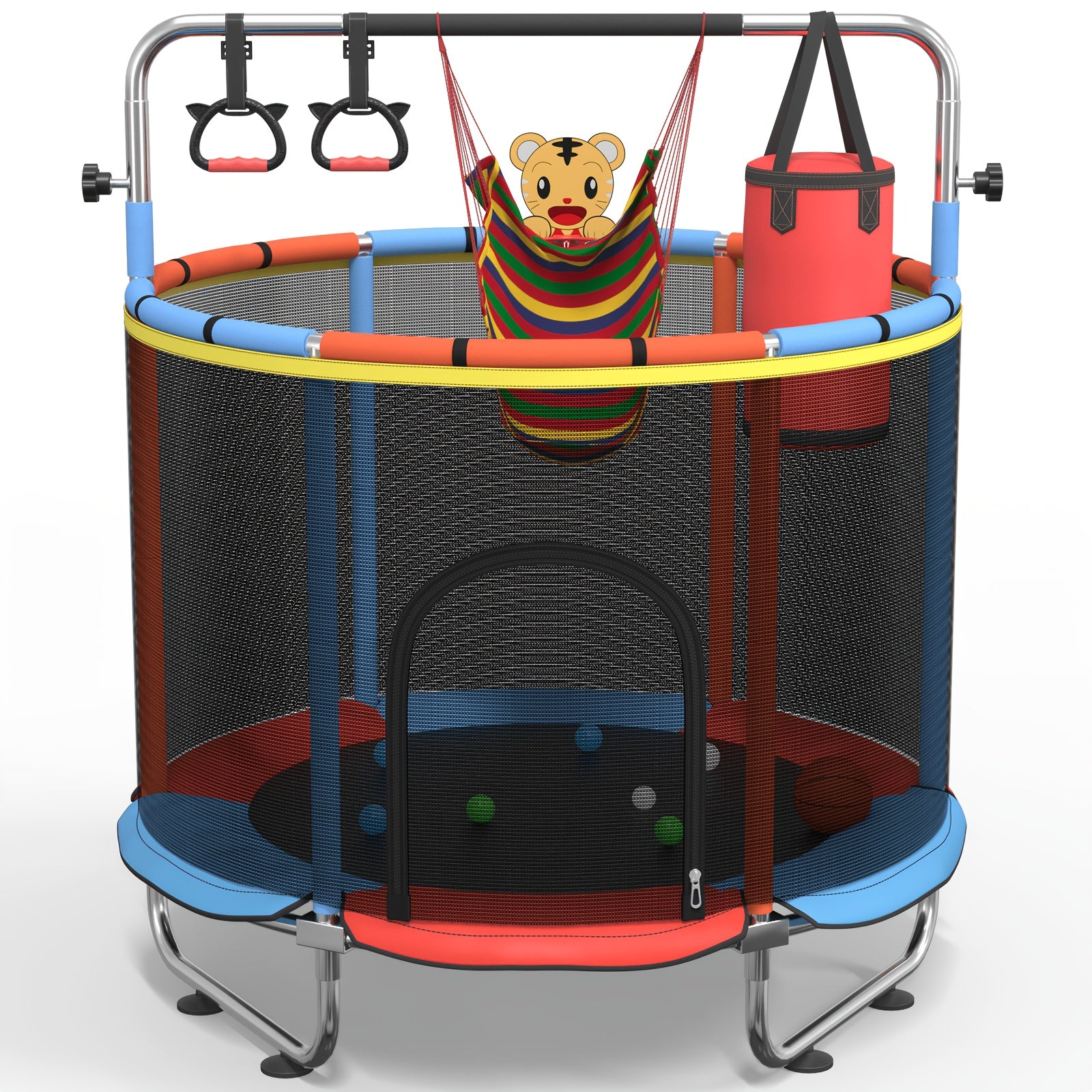 1pc Indoor And Outdoor Trampoline with Gymnastics Bar And Toys, 60" Height Adjustable Trampoline with Enclosure