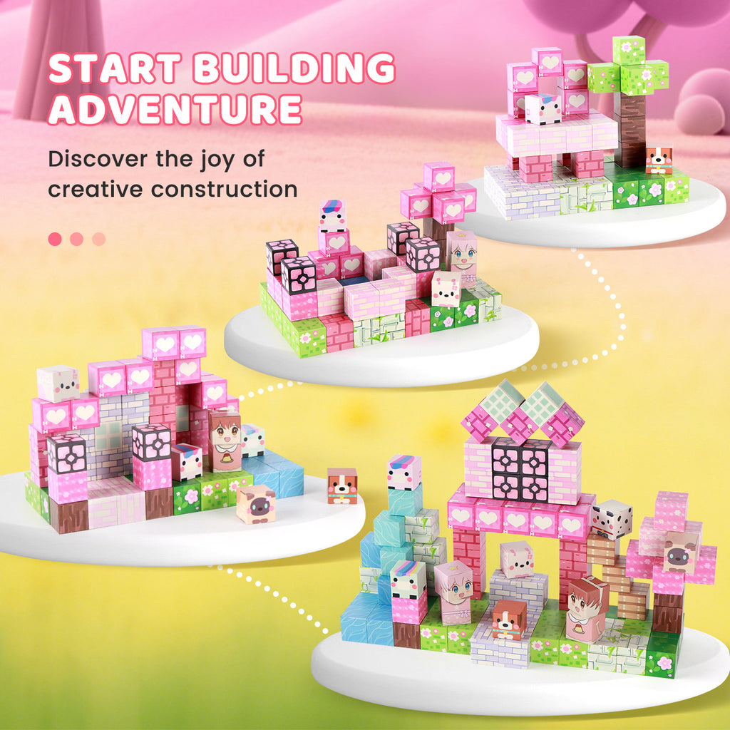 100pcs STEM Magnetic Building Blocks | Pink Forest Park Theme | 3D House, Trees & Character Cubes | Creative Construction Toy For Imaginative Play | Educational Gift For Kids | Birthday & Christmas Present