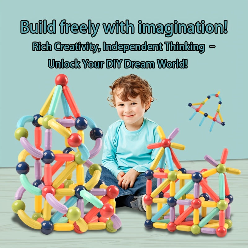 360° Rotating Magnetic Building Sticks Set - Oversized Thickened Magnetic Tiles & Balls, 1-Ball Multi-Stick Attraction, Build Castles/Cars/Shapes, 360° Smooth Edge, Creativity/Brain Training Toy for Kids, Perfect for Indoor Play