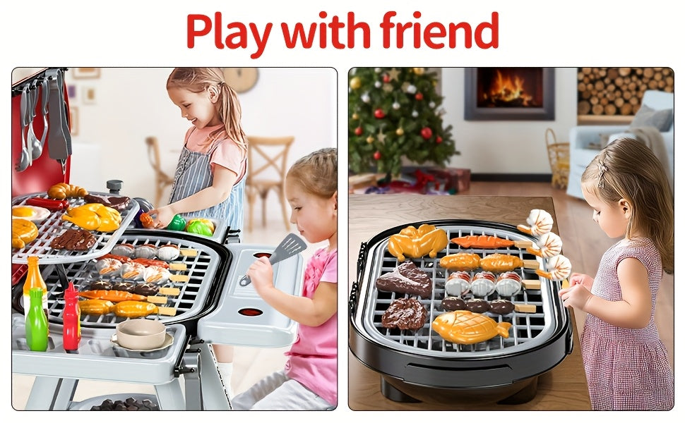 Imaginative BBQ Grill Playset for Kids, Two-Tier Structure, Includes Toy Food Items Like Meats, Fruits, Spices, And a Functional Water Tap, Suitable for Girls Aged 3 And Up