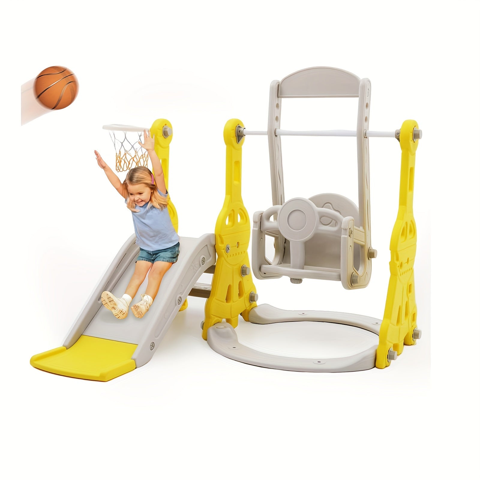 [Indoor Outdoor Playground] Slide and Swing Set 4in 1 Slide Climber Playse with Swing Slide Climber and Basketball Slide and Swing Set Indoor Outdoor Backyard Playground Toy (Yellow)
