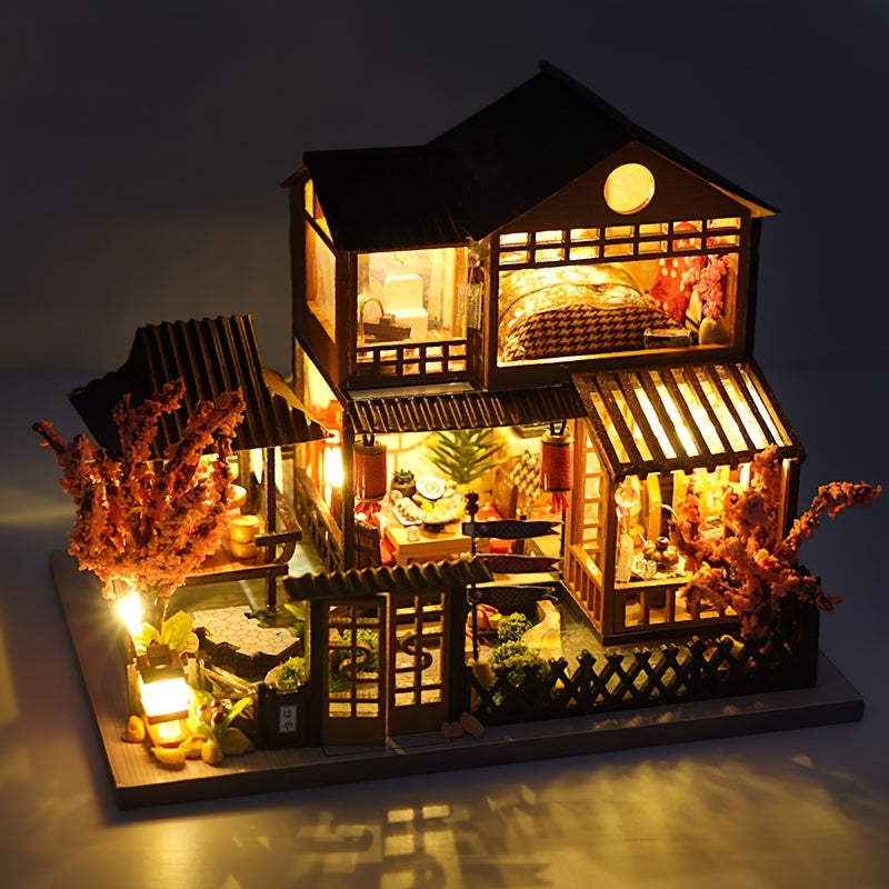 DIY Japanese-Style Wooden Dollhouse Kit with -Responsive Tatami & Miniature Furniture - Handmade Tiny House Model for & s, Dollhouse Collectors - Complete (No Glue/) - Birthday/Christmas Gift
