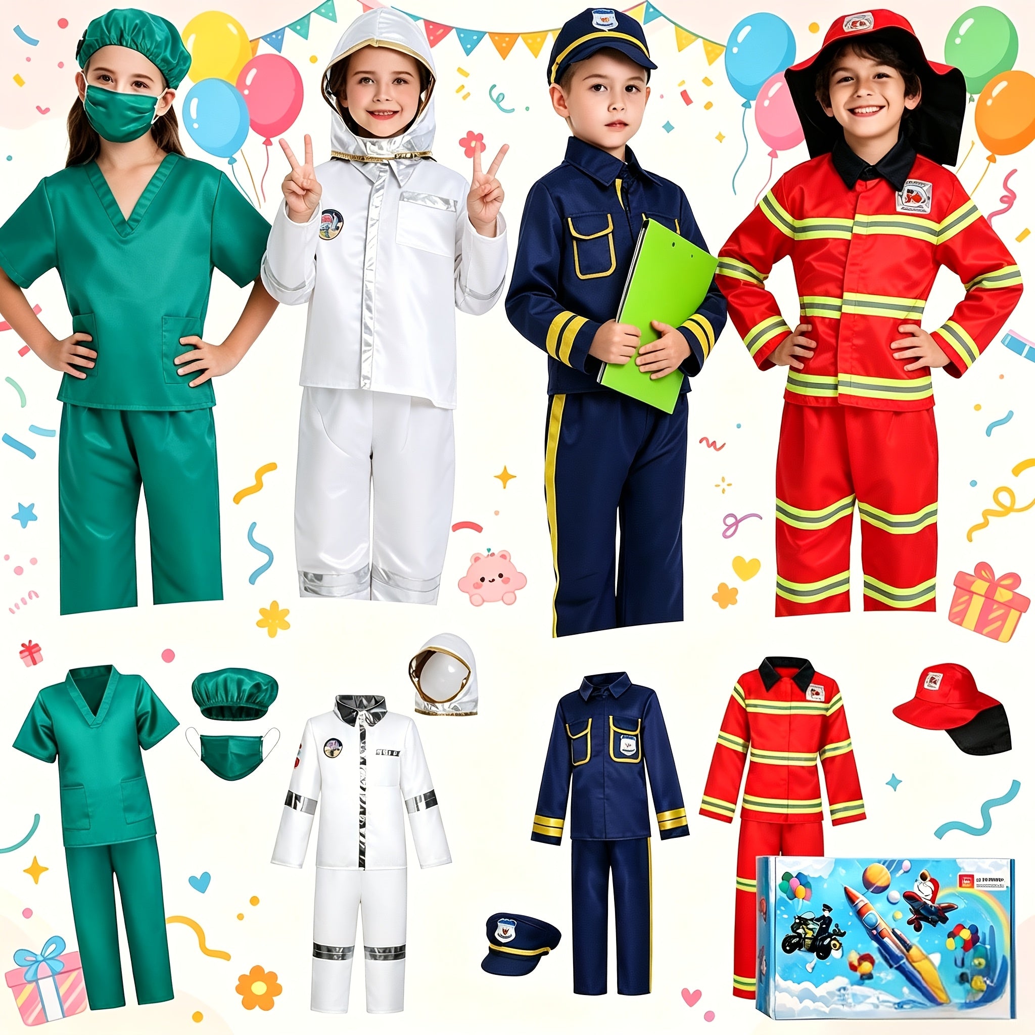 Kids Firefighter, Police, Astronaut, Doctor Cosplay Role Play Toys Costumes Dress Up Clothes Boys Dress Up Costumes For Play Kids Day Christmas Birthday Gift For Boys Girls Age 3-6 Years