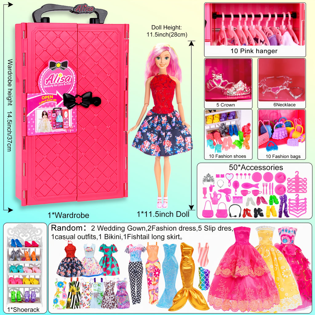 [Christmas Gift] 105pcs Doll Clothes (No Doll) And Additions Doll Closet Playset Wardrobe Toys for 11.5 Inch Girl Doll Including Wardrobe, Shoe Rack, Dress, Shoe Hangers, Christmas Gift for Kids Aged 3-12