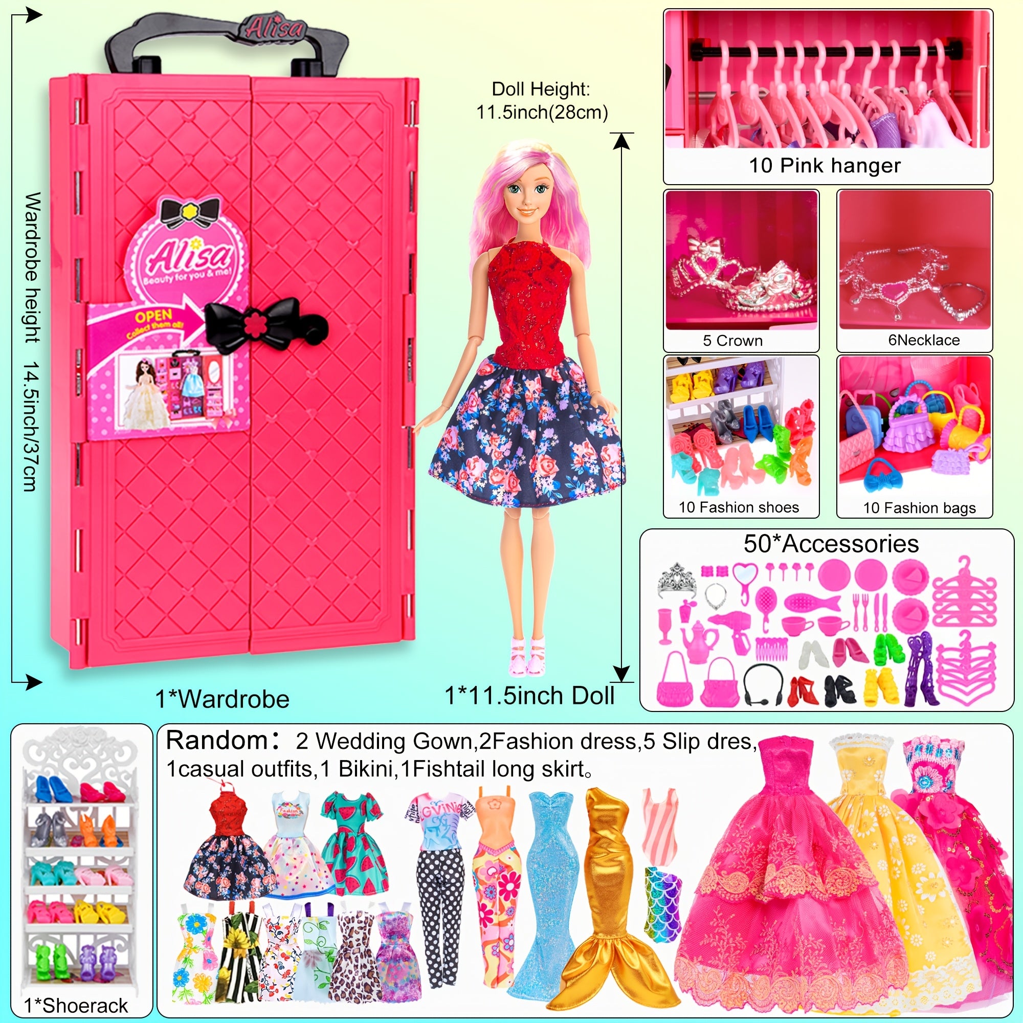 [Christmas Gift] 105pcs Doll Clothes (No Doll) And Additions Doll Closet Playset Wardrobe Toys for 11.5 Inch Girl Doll Including Wardrobe, Shoe Rack, Dress, Shoe Hangers, Christmas Gift for Kids Aged 3-12