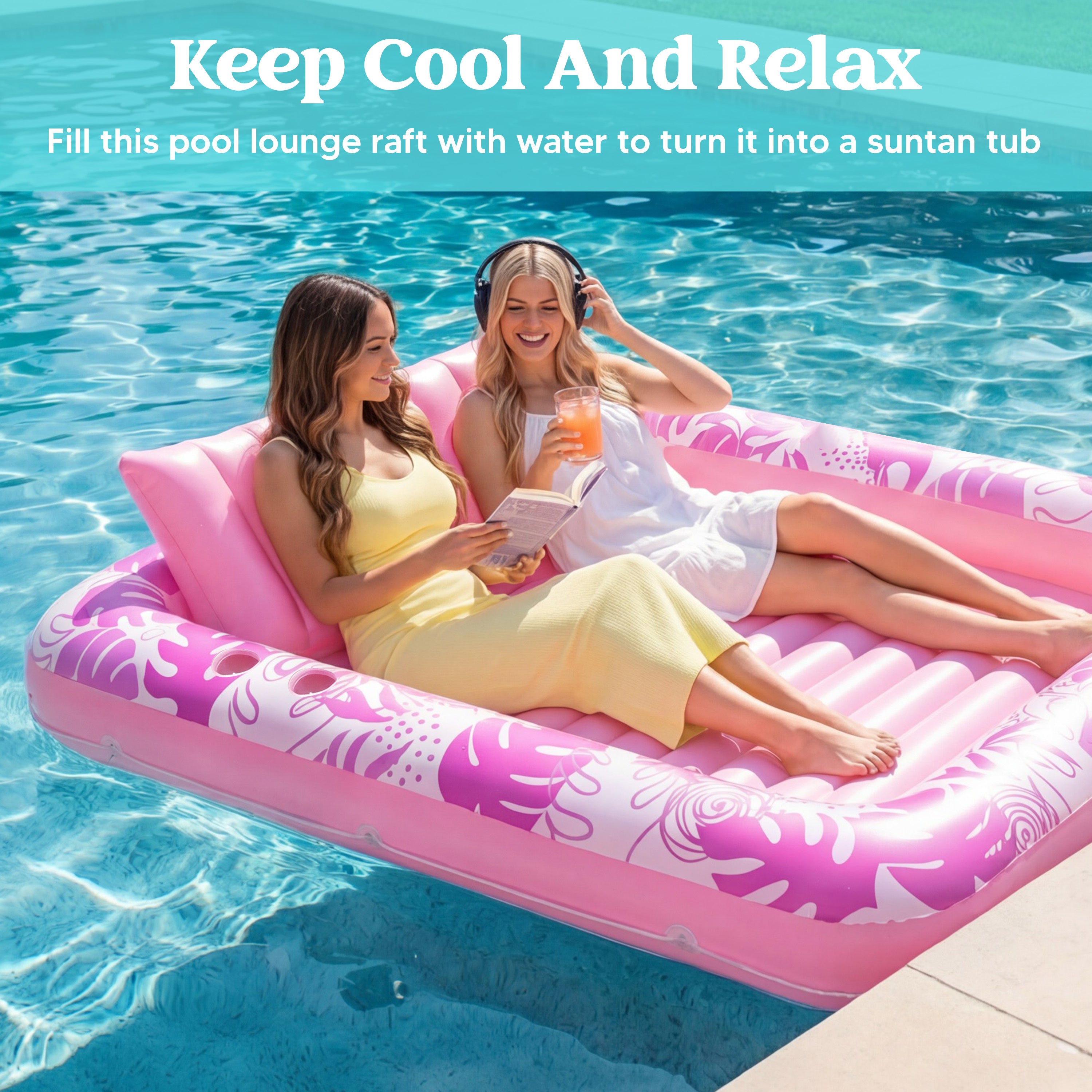 SYNCFUN Inflatable Tanning Pool Lounger Float, Extra Large Pool Floats Adult with Pillow, 4 in 1 Suntan Tub Raft Floatie, Sunbathing Bed Lounge Blow Up Ball Pit Party Gifts, Hot Pink